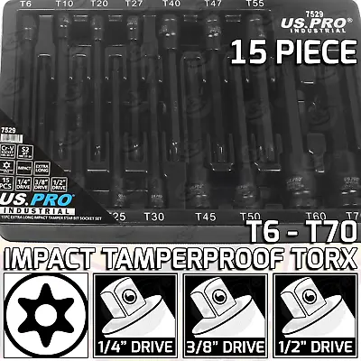US PRO Extra Long Impact TAMPERPROOF Torx Bit Socket Set 15PCS 1/4  3/8  1/2  Dr • £19.90