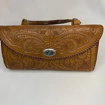 Vintage Handmade Mexican Tooled Brown Leather Two Sided Pattern Handbag Purse • $37.56
