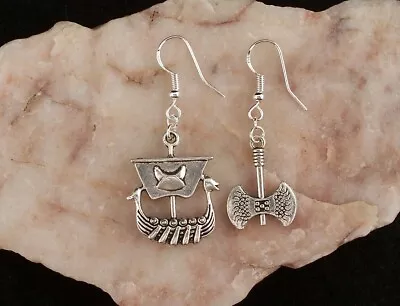 £4.30 • Buy Tibetan Silver Viking Long Boat & Axe Odd 925 Silver Hook Earrings. Handmade