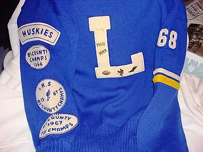 Vintage 1960's School Varsity Letter Sweater W/Patches & Pins Huskies Champs • $69