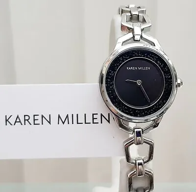 New KAREN MILLEN Silver Bracelet Ladies Watch Black Shimmer Dial RRP £189(KM52 • £59.99