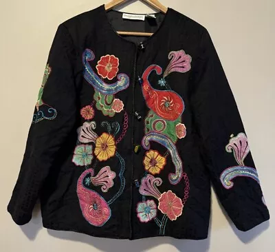 DRAPERS & DAMONS Coat Black Floral Paisley Embroidered Bead Toggle Jacket Sz L • $24