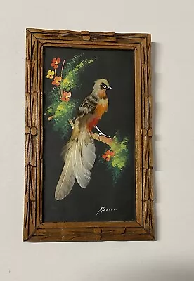 Vintage Bird  Feather Art Mexico Craft Folk Kitsch Wood Carved Frame Painted • $24