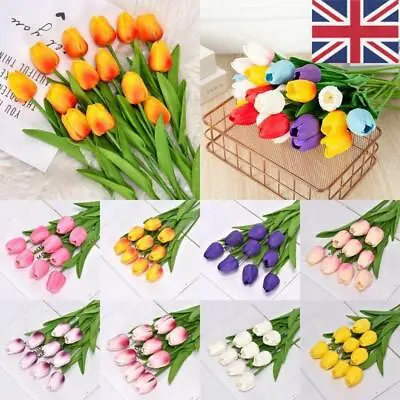 10x Artificial Tulip Flowers Fake Bouquet Real Touch Home Wedding Party Decor • £3.97