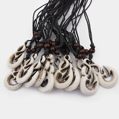 12PCS White Imitation Faux Yak Bone Maori Fish Hook Wax Cotton Cord Necklace DIY • $11.50