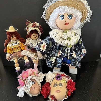 Lot Handmade VTG Craft Dolls By Helen Crowley Paper Mache Cloth Wood Beads • $24.50