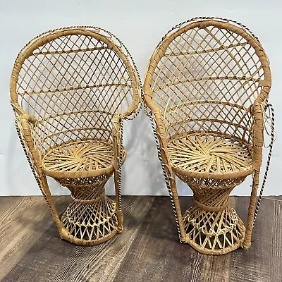 Wicker Peacock Fan Back Rattan Doll Chair 16  Stand Moroccan Boho Hippie Set 2 • $25