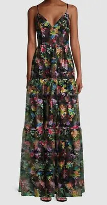 $350 Aidan By Aidan Mattox Womens Black V-Neck Tiered Lace Maxi Dress Size 12 • $111.98