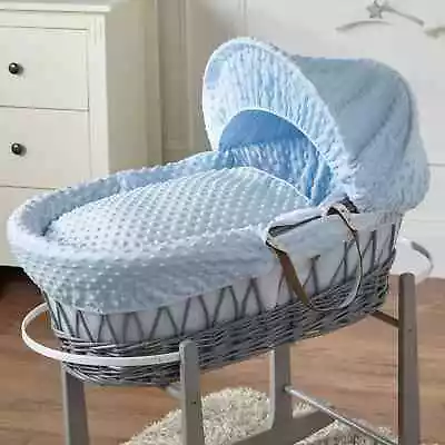 £44.99 • Buy FYLO Blue Dimple Grey Wicker Baby Moses Basket With Mattress