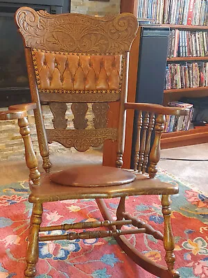 Beautiful Refurbished Oak Rocker Elaborate Pressed-back Design Padded Seat • $250