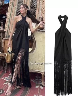 ZARA NEW WOMAN MIDI HALTER FRINGED LINEN DRESS BLACK Size Medium • £45