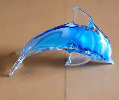 VINTAGE Murano Style Blown Art Glass Dolphin Aqua Blue/White Swirl Paperweight • $12.99