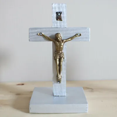 Standing Crucifix Wood Metallic Silver 5.5  Bronze Handmade Christ Crucifijo • $34.95