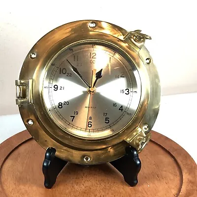 Vintage Ship's Clock Quartz Lacquered Brass Porthole Beveled Glass 9  Nautical • $87