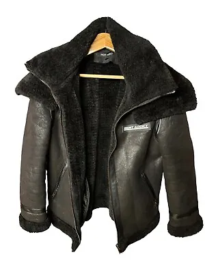 Black Faux Sued And Fur Lined Bomber Jacket Coat Style  M Zip Up Unisex • £22
