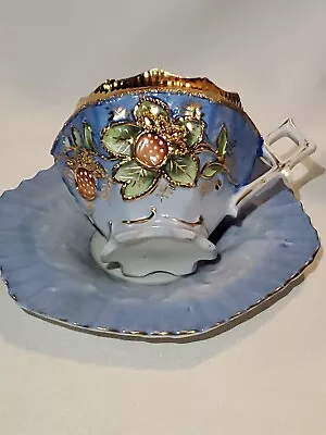 Antique  Porcelain Hand Painted Embossed Highly Decorated Mustache Cup & Saucer • $65