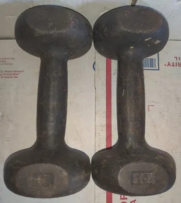 Vintage Cast Iron Dumbbells BUN Ends 10lb Pair 2 Dumbbell Weights 20lbs • $29.99