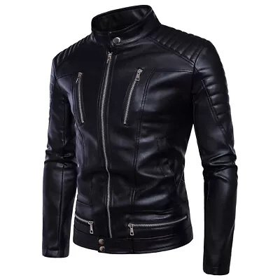 Mens Punk Faux Leather Outwear Classic Jacket Multi-Pocket Soft Biker Coat • $51.21