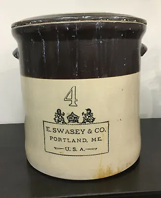 H Swasby & Co 4 Gallon Crock Salt Glaze Portland Maine C 1880 W Lid Nice • $299.99