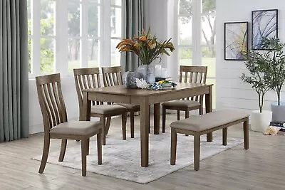 6pc Dining Set Brown Finish Table W Drawers Bench Side Chairs Wooden Furniture • $1349