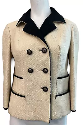 CHANEL Adaptation Tweed Blazer Vintage Jacket Pale Yellow Quilted Black Lapel • $249.99