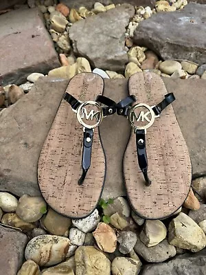 Michael Kors Black Jelly MK Gold Logo Cork Thong Flip Flop Sandals Size 9M • $28.88