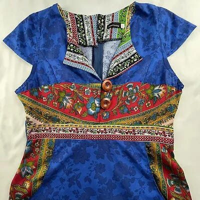 Violet Clothing Handmade Blue Floral Vintage Style Pocketed A-Line Dress Size M • $22.50