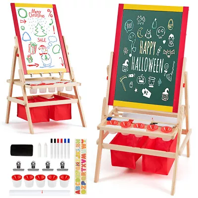 Kids Art Stand Wood Whiteboard Chalkboard W/ Paper Roll &Full Set Of Accessories • $63.99