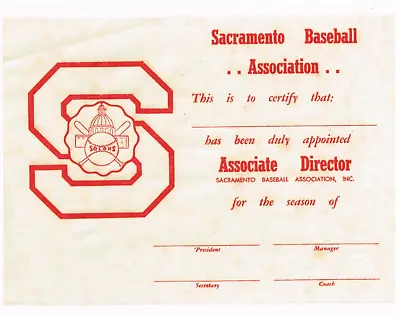 PCL Sacramento Solons 1956 Associate Director Certificate Sacramento Association • $10