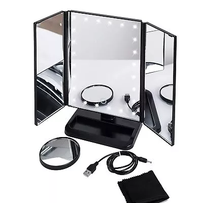 Tri-Fold Lighted Vanity Makeup Mirrors Tabletop USB 21LED 10X Magnifying Touch • $36.99