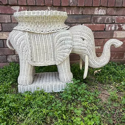 VTG White Rattan Wicker Elephant Plant Stand End Table Boho Mid Century MCM 27  • $123.99