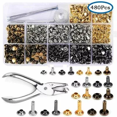 480pcs Leather Rivets Double Cap Rivet Tubular Metal Studs Setting Tool Kits • £12.05