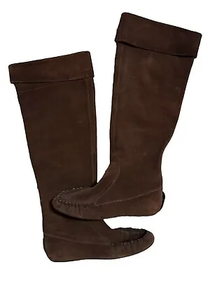MIU MIU Italian Suede Leather Moccasin Boots Over The Knee Brown 36.5 US Sz 6 • $110.24
