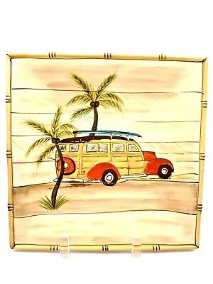 Clay Art Surf's Up Hand Painted Beach Surfboard Hawaiian Square 8.5  Salad Plate • $19.95