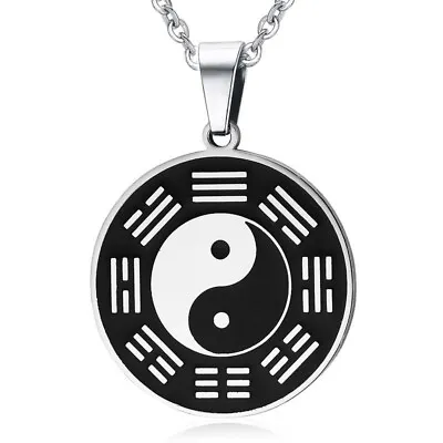 Mens Stainless Steel Protection Bagua Amulet Yin Ying Yang Pendant Necklace • £10.02