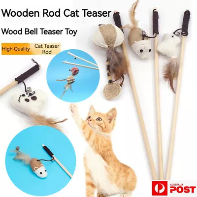 Interactive Pet Play Toy Feather Bell Mouse Tease Cat Stick Frosted Comfortable • $14.30