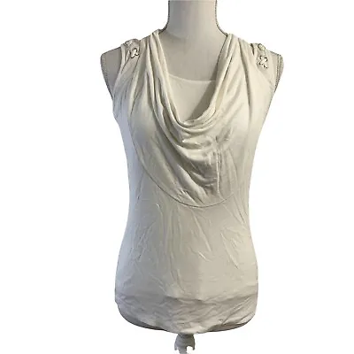 $5.90 • Buy White Cache Tank Top Gold Loops On Straps Size XS Cowl Neck