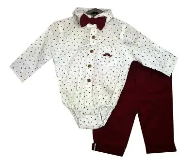 £16.95 • Buy Baby Boys Little Gent Formal Outfit Stars Bodysuit Shirt Bow Tie & Trousers Wine