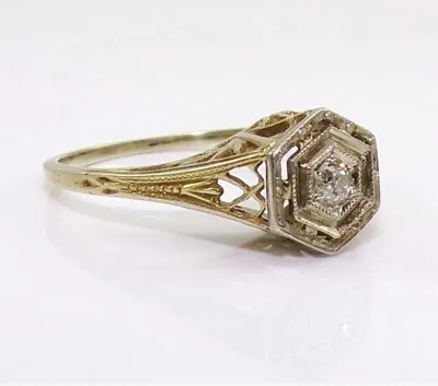 VTG Antique Art Deco Mine Cut Diamond Filigree 14K Yellow Gold Ring LME2 • $375