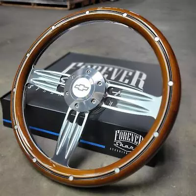 14  Billet Steering Wheel Mahogany Aluminum Rivet + Chevy Bowtie Licensed Horn • $179.48