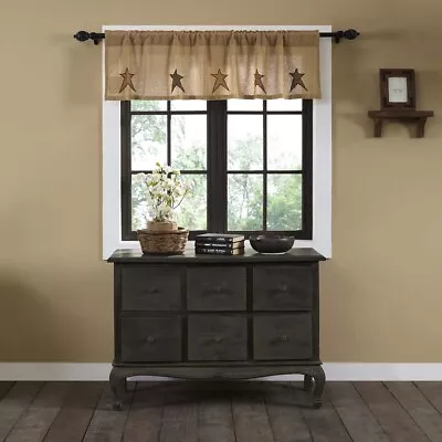 VHC Brands Primitive 16 X60  Burlap Star Valance Tan Rod Kitchen Window Curtains • $19.60