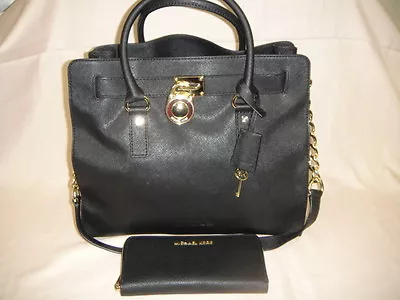 MICHAEL KORS Black Saffiano Leather HAMILTON Satchel Handbag & Matching WALLET • $329