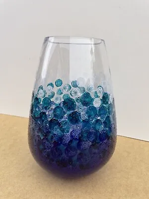 Big Blue Egg Glass Vase Hand-Painted Bubble Effect Ocean Seascape Coloured Glass • £45