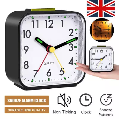 Quartz Alarm Clock With Night Light No Tick Snooze Silent Small Bedside Clocks • £7.99