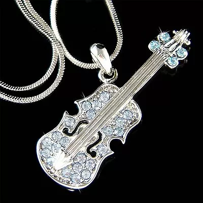 Baby Blue Violin Viola Cello Fiddle Made With Swarovski Crystal Musical Necklace • $40