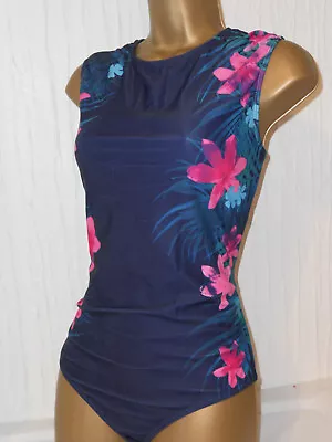 Navy / Pink High Neck Zip Up Back Swimsuit Size 16 Ladies Swimwear • £4.99