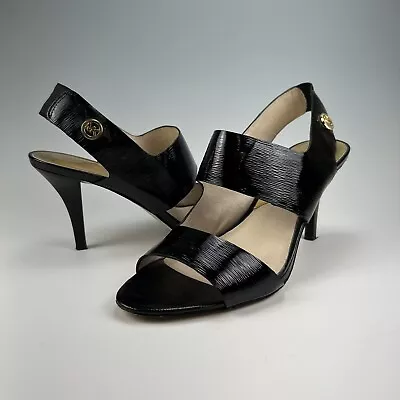 Michael Kors Rochelle Open Toe Patent Slingback Sandals Heels Black 9 M • $29.98