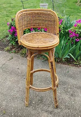 Vintage 70's Bar Stool Swivel Chair Bamboo/Rattan Palm Beach Tiki Bar Boho Solid • $99.50