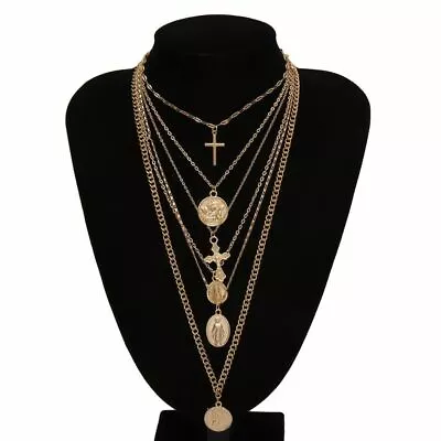 Chain Long Necklace Multi-Layer Coin Angel Pendant Gothic Virgin Mary Cross  • $9.46