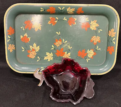 Vintage Ruby Red Anchor Hocking Maple Leaf Candy Dish & Fun Tin Tray MCM • $14.80
